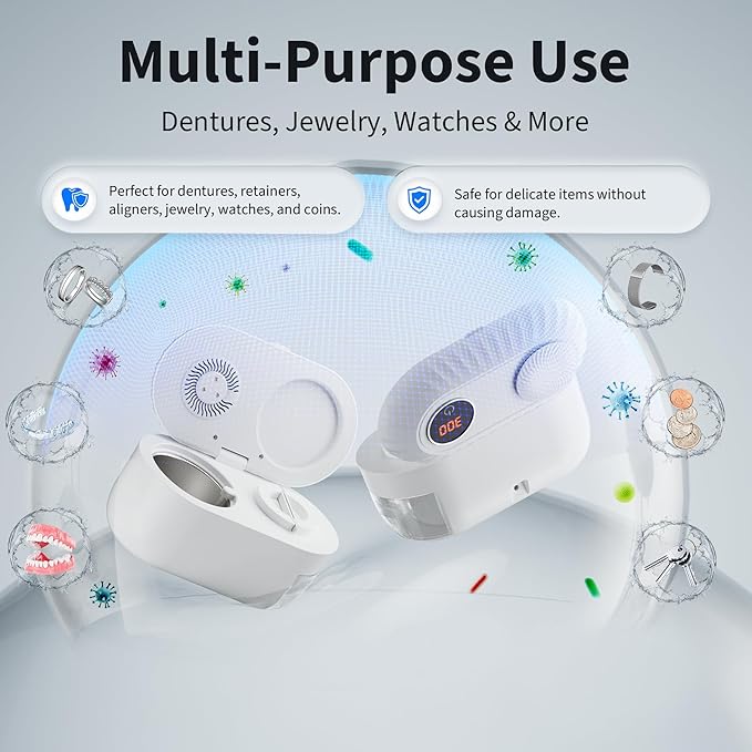 Ultrasonic Retainer Cleaner with Cleaning, Pumping, and Air-Drying Functions, 45kHz Retainer Cleaner Machine, 200ml Denture Cleaner for Dentures, Mouth Guards, Braces, Toothbrush Heads, Jewelry(White)
