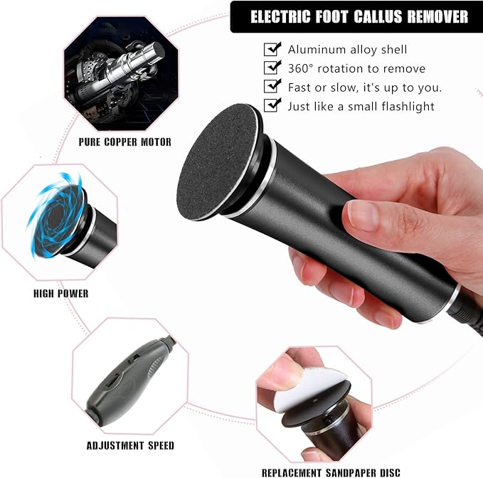 Electric Foot Callus Remover Speed Adjustable with 60pcs Replacement Sandpaper Discs Pedicure Tool Kit Callus Shaver Dead Cracked Hard Dry Skin Nail Clipper Set 16 in 1 (Black)