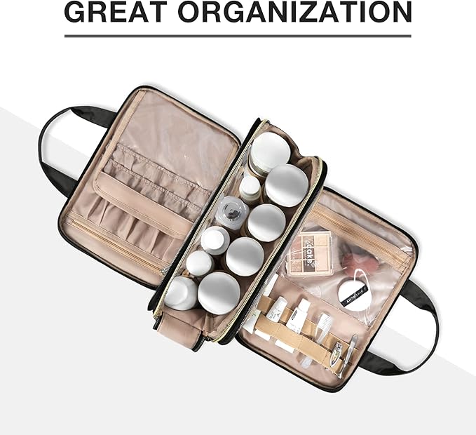 BAGSMART Large Toiletry Bag, Travel Makeup Organizer, Water-resistant Makeup Cosmetic Bag Door Room Essentials Travel Bag for Accessories, Shampoo, Full Sized Container, Toiletries (Black, Large)