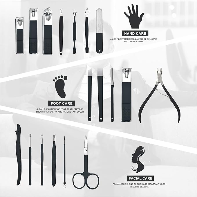 Manicure Set 18 in 1 Stainless Steel Professional Pedicure Kit Nail Scissors Grooming Kit Travel Case B01-Black