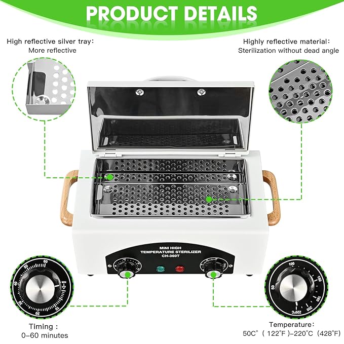 Sterilizer for Nail Tools 1.5L 110V 300W High Temperature Metal Clean Box with Adjustable Timer Temperature Sterilizer Cabinet for Manicure SPA Salon Metal Hairdressing Tool Equipment(white)