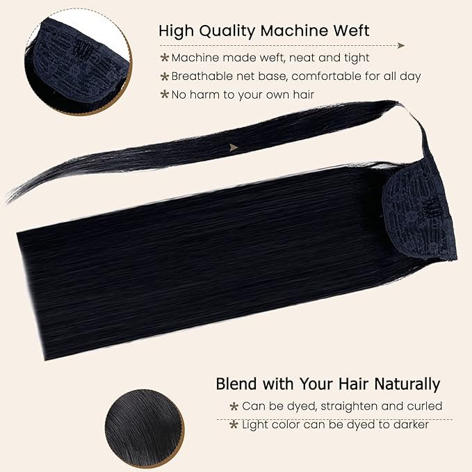 Ponytail Extension Human Hair Ponytail Pony Hair Pieces Clip in Wrap Around Pony Remy Hair Extensions for Women 20 Inch 80G #Natural Black