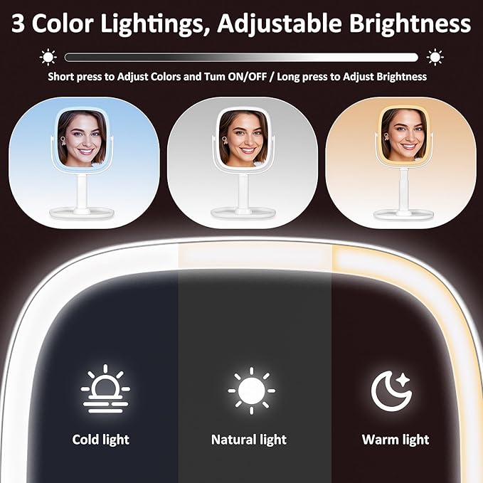 Lighted Makeup Mirror, Height Adjustable 1x/7x Magnifying Vanity Mirror, 2600mAh Rechargeable Makeup Mirror with Lights 3 Color, Double Sided 360° Rotation Desk Travel Mirror, Gifts for Women
