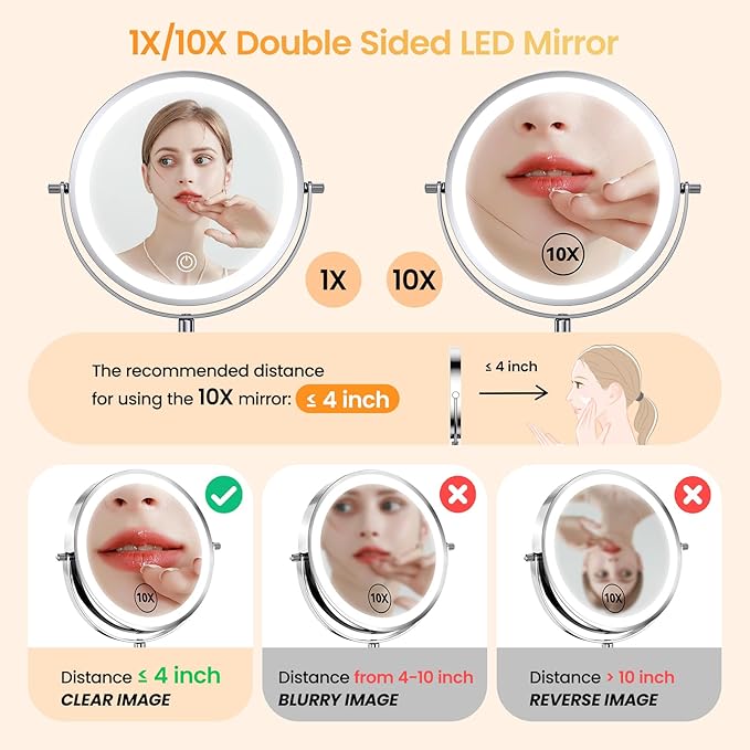 Benbilry Lighted Wall Mounted Makeup Vanity Mirror with Magnification 10X/1X, Adjustable Height & 3 Color Lights, Rechargeable 8" Dual Use Magnifying Tabletop Mirror, 360° Swivel with Extendable Arm