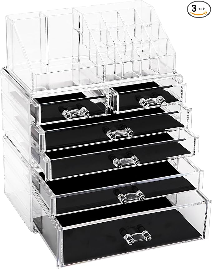Sea Team 3-Layer Stackable Clear Makeup Organizer with Drawers, Acrylic Plastic Cosmetic Display Case, Jewelry Storage Box for Dresser, Bathroom, Vanity, Countertop (6 Drawers, 1 Lipstick Holder)