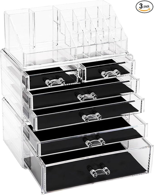 Sea Team 3-Layer Stackable Clear Makeup Organizer with Drawers, Acrylic Plastic Cosmetic Display Case, Jewelry Storage Box for Dresser, Bathroom, Vanity, Countertop (6 Drawers, 1 Lipstick Holder)