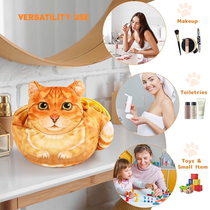 Drawstring Makeup Bag - Travel Organizer, Cosmetic Pouch, Cat Gift for Women, Lay Flat Bag for Cat Lovers
