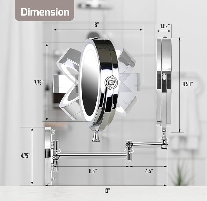 OVENTE 7" Lighted Wall Mount Makeup Mirror with 1X/10X Magnification, Cordless Double Sided Magnifying Round Vanity Mirror, 360° Swivel Design, Extendable and Folding Arm, Polished Chrome MFW70CH1X10X