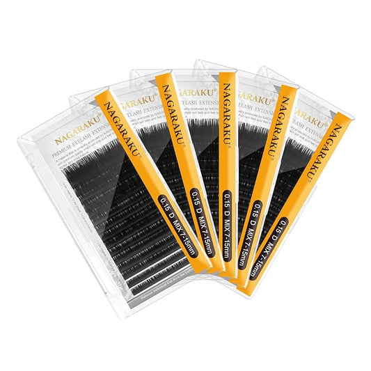 NAGARAKU Eyelash Extensions Individual Lashes 0.15mm D curl 7-15mm Mix Tray Classic Matte Black Natural Faux Mink 16 rows 5 Trays