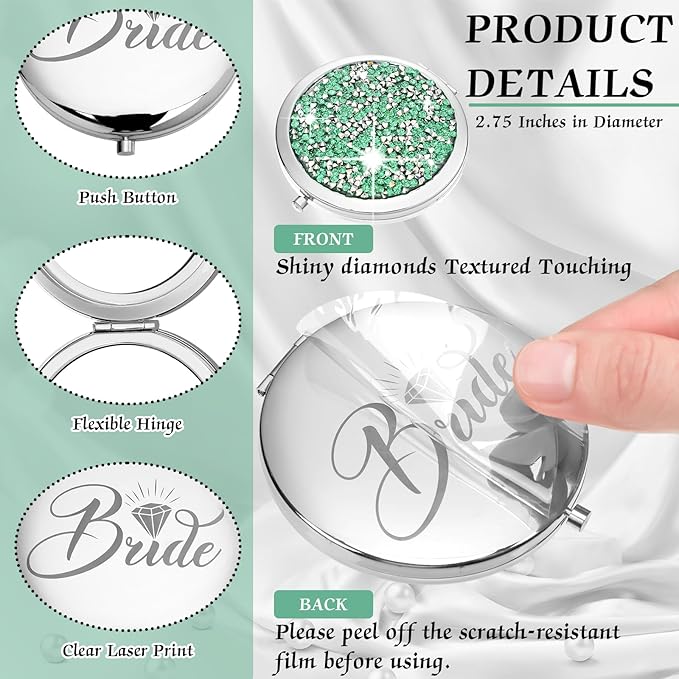Barydat 10 Pieces Bridesmaid Gifts Set Magnifying Compact Mirror Bride I Do Crew Bridesmaid Proposal Gifts Travel Small Mirror for Purse Makeup Pocket Mirror for Women Wedding Party(Green)