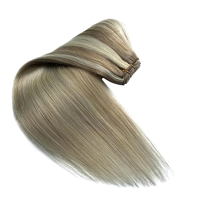 Sew in Hair Extensions Real Human Hair Ash Blonde Balayage Blonde Hand Tied Weft Hair Extensions Human Hair Bundles 14 Inch 80G Sew in Weft Hair Extensions Human Hair Weave Sew in Weft Extensions