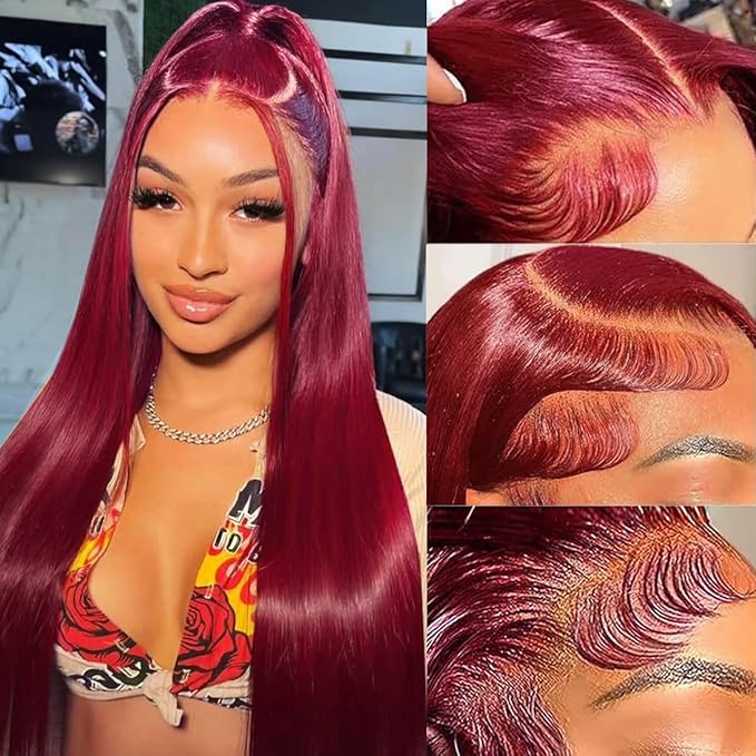 99j Burgundy Straight Lace Front Wigs Human Hair 99j Red Colored 13x4 HD Lace Frontal Wigs for Women 200% Density Glueless Wigs Human Hair Wig Pre Plucked With Baby Hair 24 Inch