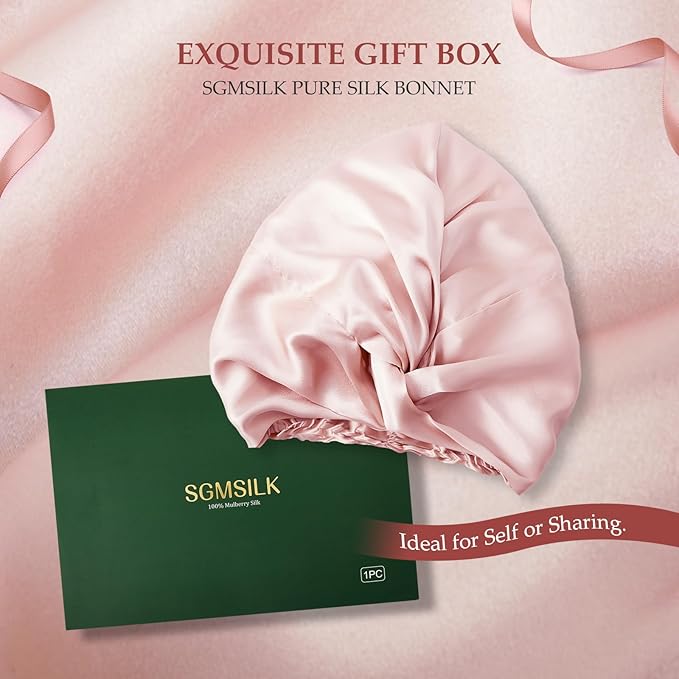 Silk Bonnet for Sleeping Women, 100% Mulberry Silk Sleep Cap with Elastic Band, Real Mulberry on Both Sides, Pink