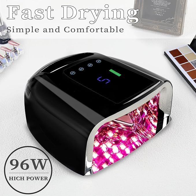96W Rechargeable UV Nail Lamp, Cordless UV Light for Nails with LCD Display Auto Sensor, 4 Timer Setting and Smart Sensor Portable Nail Dryer, Nail Curing Light with Removable Bottom (Black)