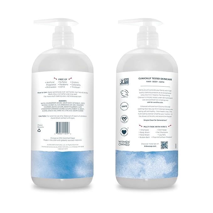 Kirk's 3-in-1 Head to Toe Nourishing Liquid Cleanser- for Men, Women & Children - Premium Coconut Oil & Aloe Vera- Non GMO & Vegan -Original Fresh Scent - 32 Fl Oz