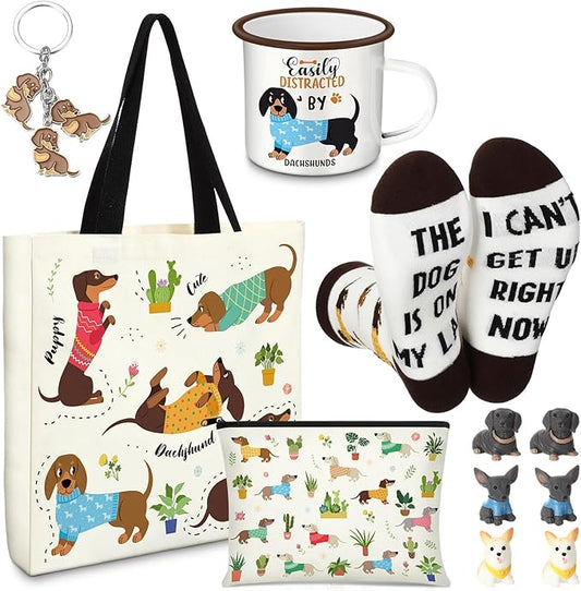 Animal Lover Gifts for Women Mother's Day Animal Themed Gifts for Mom Include Canvas Tote Bag, Makeup Bag, Socks, Keychain, Enamel Mug, Small Figurines(Dachshund)
