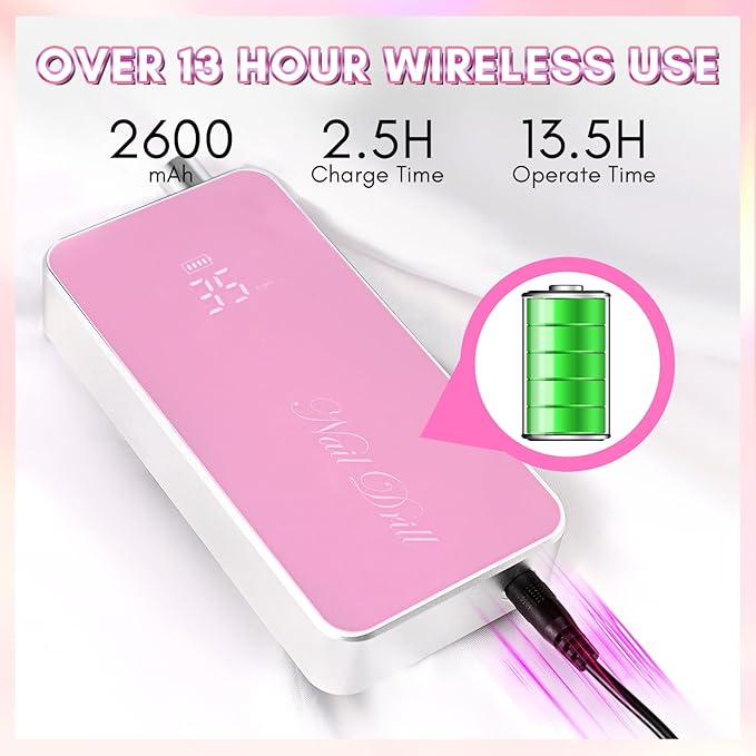 Makartt Professional Nail Drill, 35000RPM Rechargeable Efile with Coreless Motor, Nouvella Electric Nail Filer Machine for Acrylic Gel Removal with Drill Bits Set, Pink