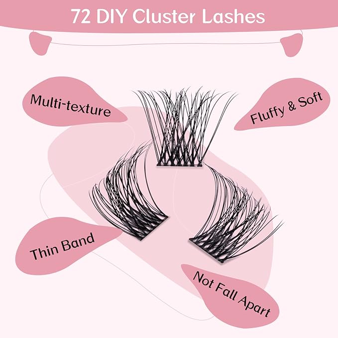 Cluster Lashes, 72 Pcs Individual Lashes, Lash Clusters DIY Eyelash Extension, Super Thin Band Reusable Soft & Comfortable (Bright-D-16mm)