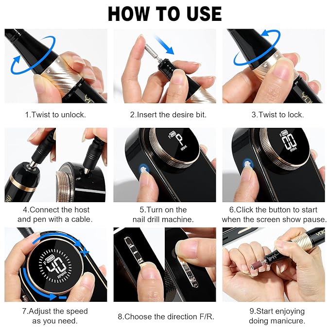 YOKE FELLOW Electric Nail File - Nail Drill Machine for Acrylic Nail Kit with Nail Dust Brush for Dip Powder Manicure Pedicure 40000RPM Rechargeable Nail Drill Gift Set for Women