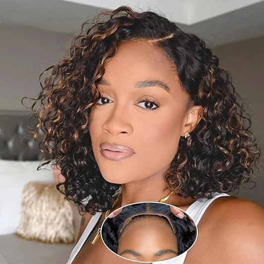 5×5 Closure Bob Wig Human Hair 10 Inch Glueless Wigs Human Hair Pre Plucked Pre Cut Short Curly Wig Water Wave C Part Balayage Ombre Wigs for Black Women P1B/30