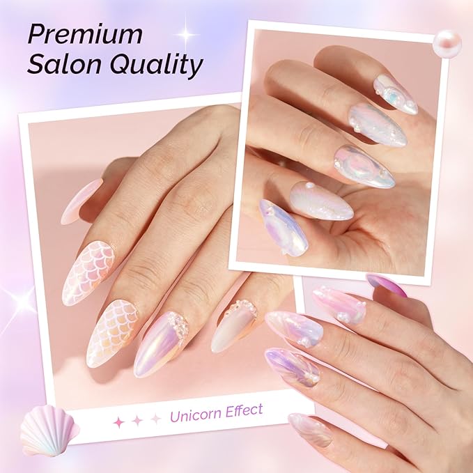 MelodySusie 9Pcs Unicorn Chrome Nail Powder,Ice Transparent Aurora,Mirror Effect,Color Changing Pearlescent,Multi-color Chrome Rainbow Pigment Super Shiny,Suitable for Home DIY Nail Salon