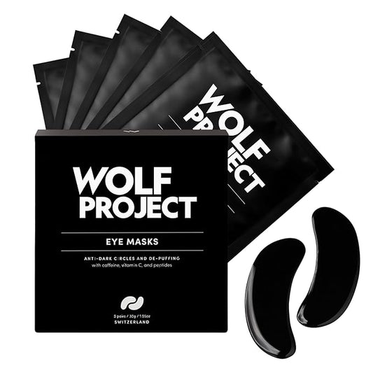 Wolf Project Under Eye Patches (5 pairs) For Dark Circles, Puffy Eyes, and Wrinkles - With Caffeine, Vitamin C and Peptides. Under Eye Masks Reduce Tired Eyes And Under Eye Bags