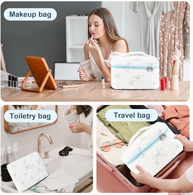 3Pcs Makeup Bag Cotton Quilted Travel Cosmetic Bag Cute Floral Makeup Pouch Large Toiletry Bag for Women Girls (Bow-Blue)