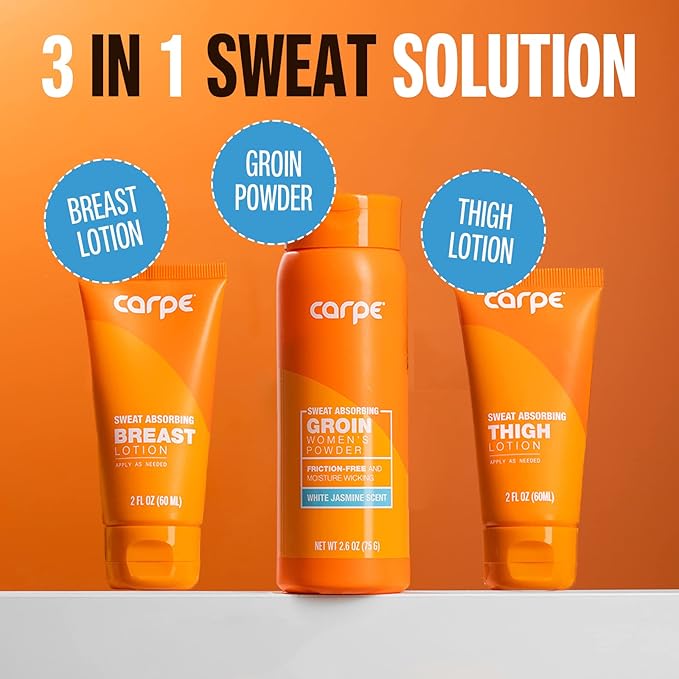 Carpe Women's Sweat Bundle Deal (1x Breast Sweat Absorbing Lotion, 1x Thigh Chafe Lotion, 1x Groin Powder) Women's Deodorant - Helps Absorb Excessive Sweat w/ Odor Protection for Sensitive Lady Parts