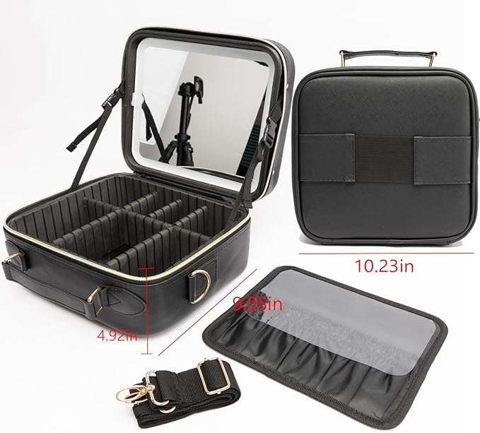 Travel Makeup Bag with LED Lighted，Make up Case with Mirror 3 Color Setting Cosmetic Makeup Box Organizer Vanity Case with Adjustable Dividers Makeup Brushes for Women Beauty Tools Accessories.