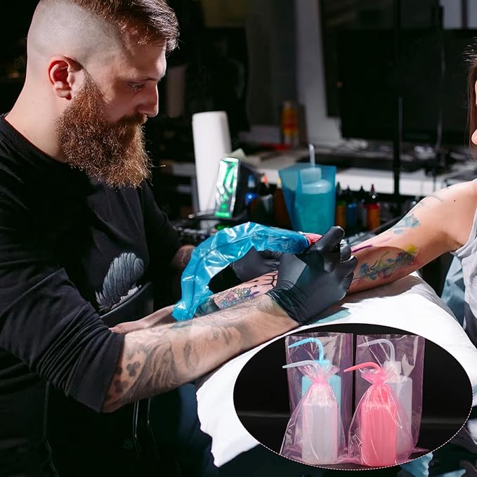 500PCS Pink Tattoo Wash Bottle Bags, Disposable Tattoo Bottle Bags Squeeze Bottle Bag Sleeves Dental Bottle Bag Covers, Tattoo Bottle Cleaning Bags for Tattoo Supplies Accessories