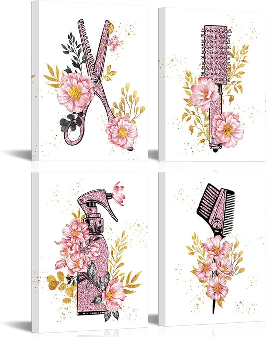 SkenoArt Beauty Salon Wall Art Haircut Tools Painting Hair Salon Barbershop Pictures Hairdresser Wall Decor Fashion Cosmetic Canvas Art Painting Gifts for Hair Stylists Woman Framed