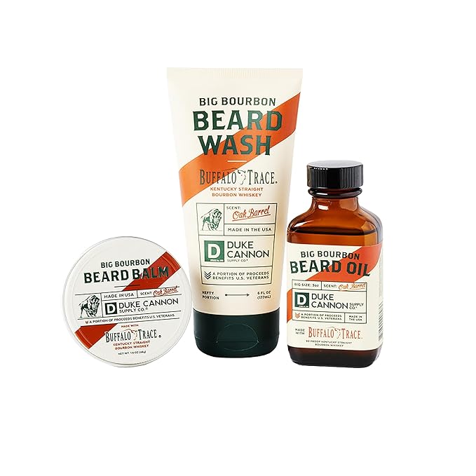 Duke Cannon Supply Co. Big Bourbon Beard Care Collection Gift Bundle (3 Piece Set) - Beard Wash, Balm and Oil (Oak Barrel Scent)