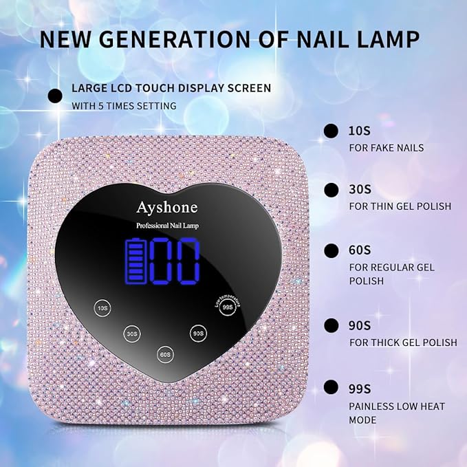 Cordless UV LED Nail Lamp,72W Rechargeable Nail Dryer Gel Polish Light with Large LCD Display,Rechargeable Nail Curing Lamp for Salon & Home (Pearl Pink)