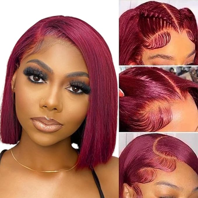 99j Bob Wig Human Hair 13x4 HD Transparent Lace Front Wigs Human Hair Pre Plucked with Baby Hair Glueless Wigs Human Hair 180% Density Straight Frontal Lace Wig Burgundy Short Bob 8 inch