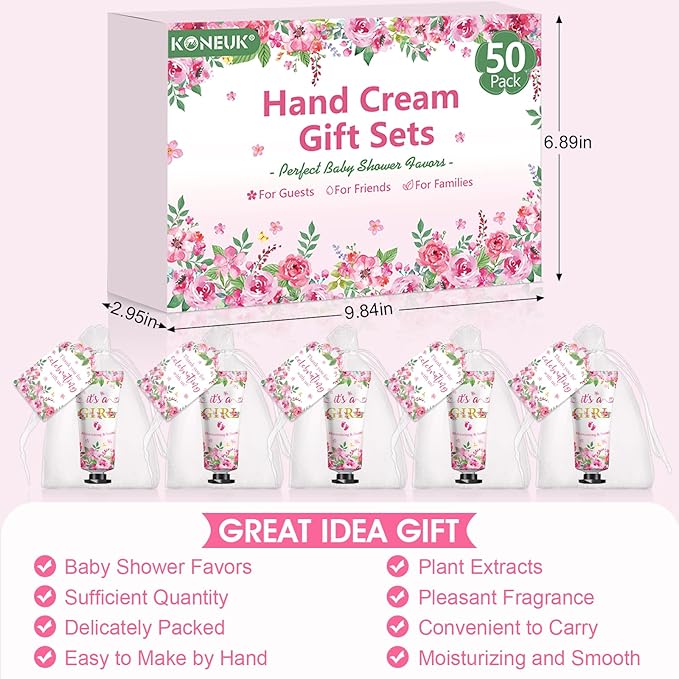 50 Pack Bulk Hand Cream Sets, Bridal Shower Favors, Appreciation Gifts and Baby Shower Favors for Guests with Thank You Card and Organza Gift Bags, Wedding Party Favors (Baby Girls)
