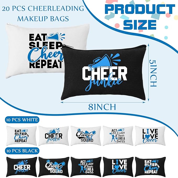 Pinkunn 20 Pcs Cheer Makeup Bags Bulk Cheerleader Gifts for Women Canvas Cheer Cosmetic Pouch Toiletry Zipper Makeup Case Cheerleading Portable Travel Pouch Team Accessories(Blue)