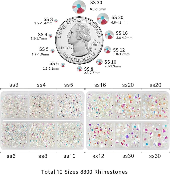 Beadsland 8300PCS Flatback Rhinestones, Glass Rhinestone Nail Gems Round Crystal Rhinestones for Crafts, Mixed 10 Sizes with Wax Pencil and Tweezer Kit, SS3-SS30, Transparent AB