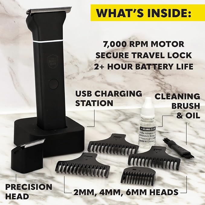 The Beard Club Body Hair Trimmer for Men, Pubic Hair Trimmer for Men & Ball Trimmer - Mens Body Shaver, Ceramic Blade Ball Shaver & Manscaper - Rechargable, Electic, Waterproof Wet or Dry Clippers