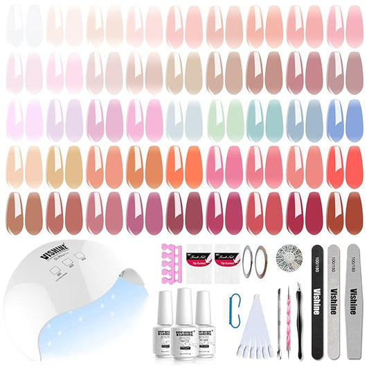 Vishine Gel Nail Polish Starter Kit with UV LED Nail Lamp, 45ColorSheer Milky Pink Jelly Nude Transparent Gel Polish, Top Coat, Base Coat & Matte Top Coat with Essential Nail Art Manicure Tools Set