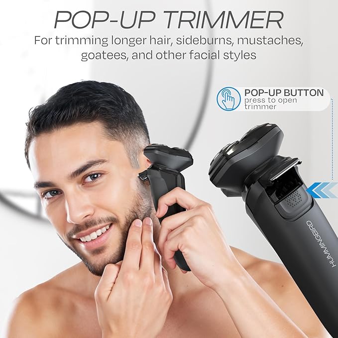 HUMMINGBIRD MK8 Premium Rotary Face Shaver, Rechargeable Wet & Dry Electric Shaver with Pop-up Trimmer, Electric Razor for Men, Waterproof, Cordless USB-C Rechargeable, LED Display, Travel Case