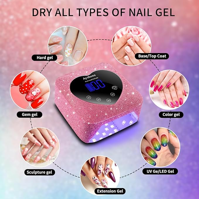 Cordless UV LED Nail Lamp,72W Rechargeable Nail Dryer Gel Polish Light with Large LCD Display,Rechargeable Nail Curing Lamp for Salon & Home (Rose Red Diamond)
