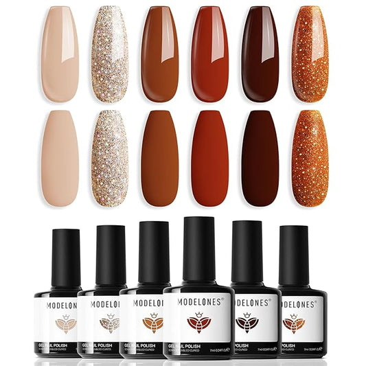 modelones Gel Nail Polish Set, 6 PCS Neutral Nude Brown Gel Polish Gold Glitter Nail Gel Polish Soak OFF LED Nail Art Gel Kit Manicure Salon DIY Nails Gift