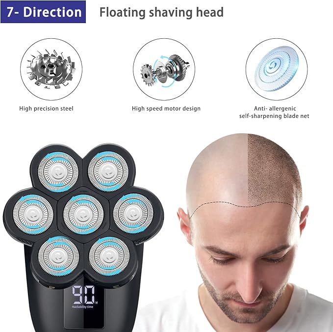 Electric Head Shaver for Bald Men - LED, Travel Lock, Nose Hair & Sideburns Trimmer