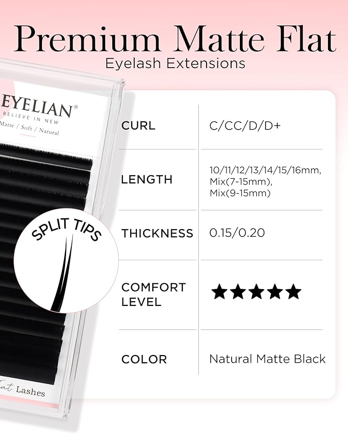 BEYELIAN Ellipse Flat Eyelash Extension, 16 Rows 0.20mm CC Curl 9-15mm Mixed Length Lash Extension Matte Black Professional Eyelash Extension Supplies for Salon Use