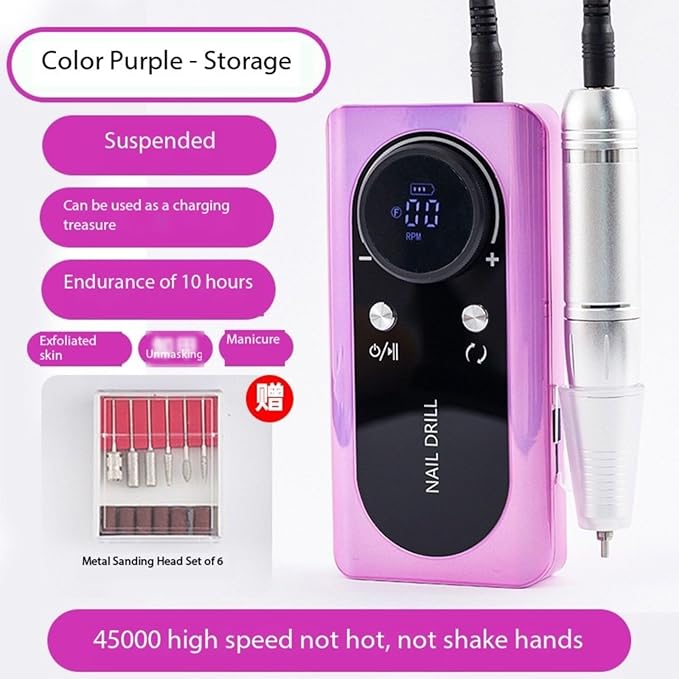 Professional Electric Nail Drill File,Cordless Portable Nail Drill 45000 RPM,Rechargeable Nail File Machine for Acrylic Nail Gel Polish,Nail Salon Home Nail Art Set, Purple