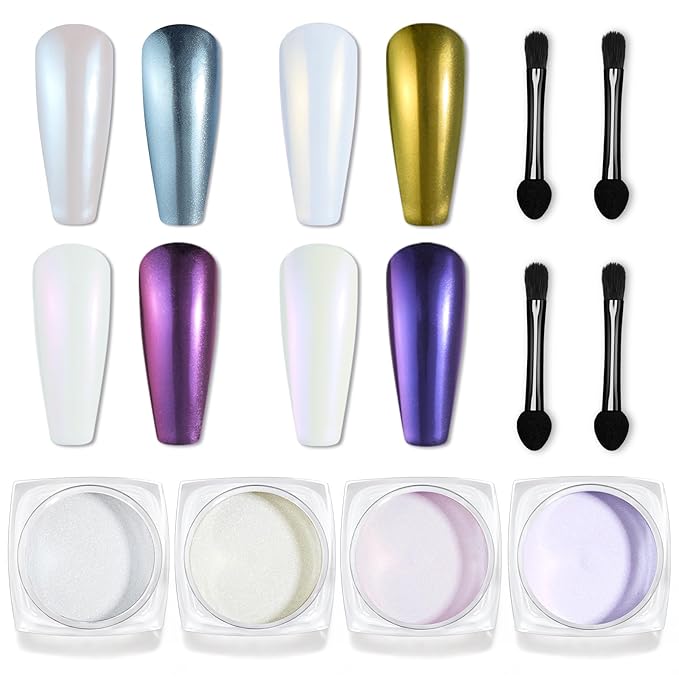 Beetles Pearl Chrome Nail Powder 4 Colors Metallic Mirror Effect Pigment Iridescent Aurora Mermaid Silver Pink Powder Kit for Gel Polish Nail Art Decoration Nail Trend DIY