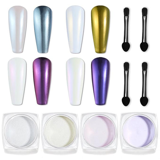 Beetles Pearl Chrome Nail Powder 4 Colors Metallic Mirror Effect Pigment Iridescent Aurora Mermaid Silver Pink Powder Kit for Gel Polish Nail Art Decoration Nail Trend DIY