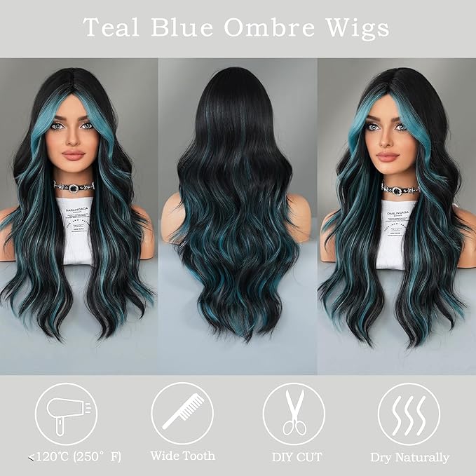 Black Teal Blue Highlight Long Wavy Wig with Curtain bang 26 Inch Ombre Teal Blue Black wig Synthetic Heat Resistant Wig for Women Daily Party used.