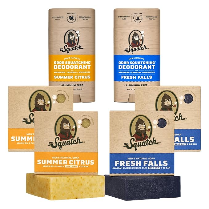 Dr. Squatch Manly Soap and Deodorant Variety Pack - Handmade with Organic Oils, Aluminum-Free - Summer Citrus and Fresh Falls - Men's Natural Soap