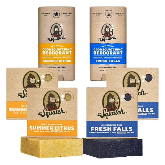 Dr. Squatch Manly Soap and Deodorant Variety Pack - Handmade with Organic Oils, Aluminum-Free - Summer Citrus and Fresh Falls - Men's Natural Soap